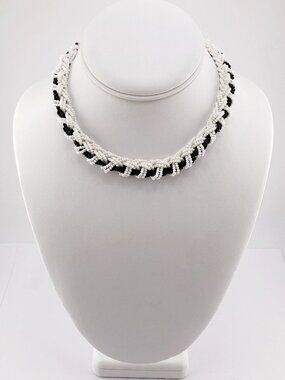 VINTAGE White and black woven seed bead choker necklace 1950s 1960s goth jewelry